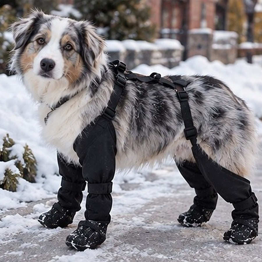Berger australien avec bottes d'hiver NordPaw dans la neige