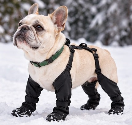 Bouledogue français avec les bottes d'hiver NordPaw dans la neige