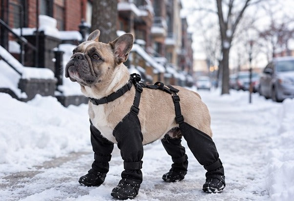 Bouledogue français avec les bottes à bretelles NordPaw sur un trottoir enneigé