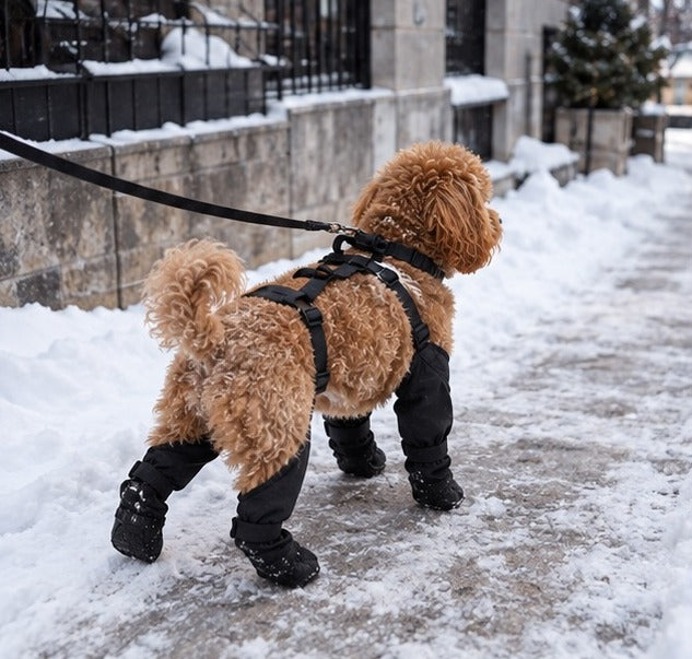 Caniche avec les bottes pour chien NordPaw dans la neige
