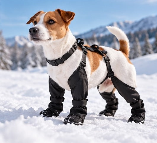 Jack russell avec les bottes à bretelles NordPaw dans la neige